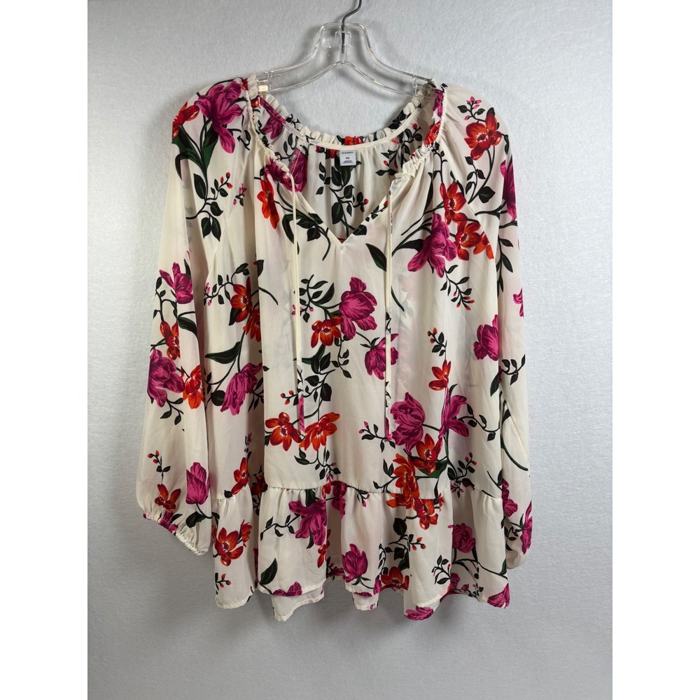 Old Navy Blouse Women XXL White Floral Polyester Boho Long Sleeve Swing Top